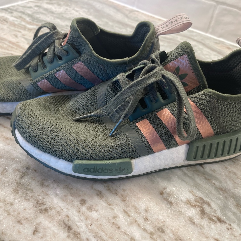 Adidas nmd size 8.5. Olive green and rose gold